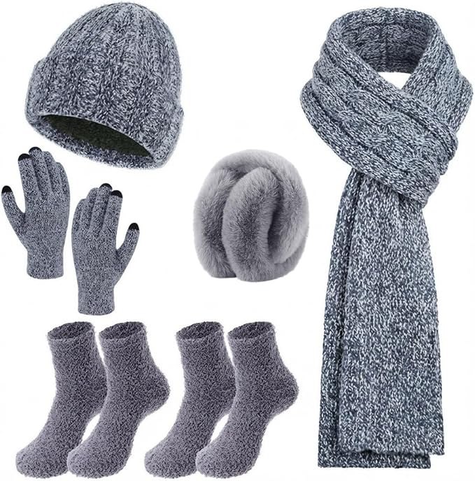 Geyoga 6 Pcs Winter Knit Set Beanie Hat Long Scarf Touchscreen Gloves Ear Muff Socks Warm Valentine Gift for Women Men Snow(Blue,Chic Style)