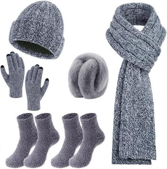 Geyoga 6 Pcs Winter Knit Set Beanie Hat Long Scarf Touchscreen Gloves Ear Muff Socks Warm Valentine Gift for Women Men Snow(Blue,Chic Style)
