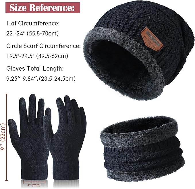 Winter Beanie Hat Circle Scarf Touchscreen Gloves Set, Snow Knit Skull Cap, Warm Thick Fleece Lined Neck Warmer for Men Women