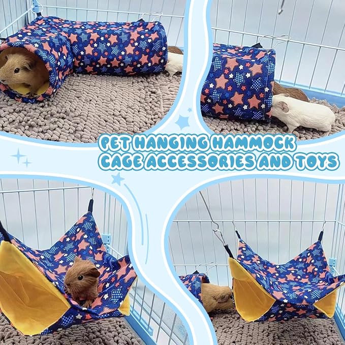 EAEDMY Guinea Pig Rat Tunnel Ferret Hammock, Small Animal Corner Tunnel & Tubes & Bed for Hedgehog Piggy Chinchilla Hideout Toys and Cage Accessories (3.Hammock&Tunnel)