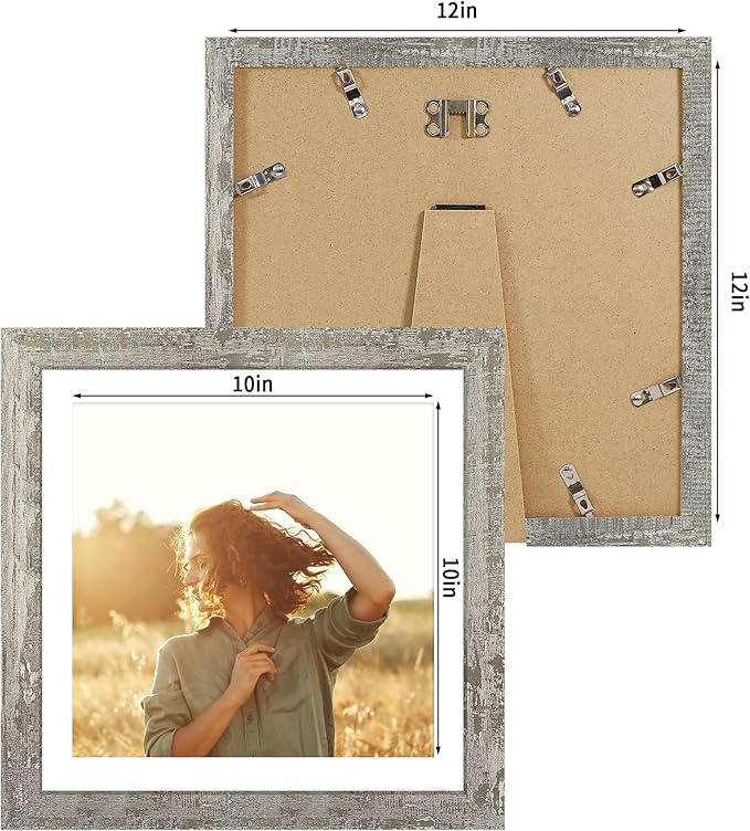 iRahmen 12x12 Picture Frame Set of 4 with Tempered Glass, Display 10x10 Picture with Mat or 12 x 12 Without Mat, Rustic Wood Square Photo Frame for Desktop Display and Wall Mounting