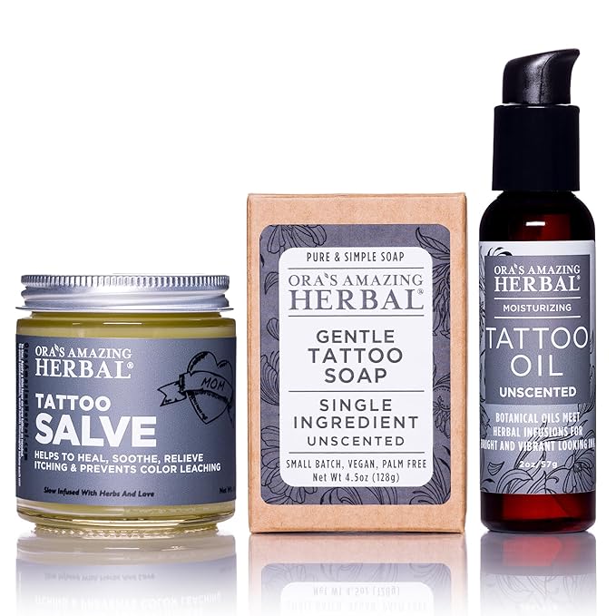 All The Tattoo Aftercare Set, Tattoo Salve, Oil & Soap, Natural Tattoo Aftercare Set, Balm, Moisturizer, Made in the USA, Ora's Amazing Herbal