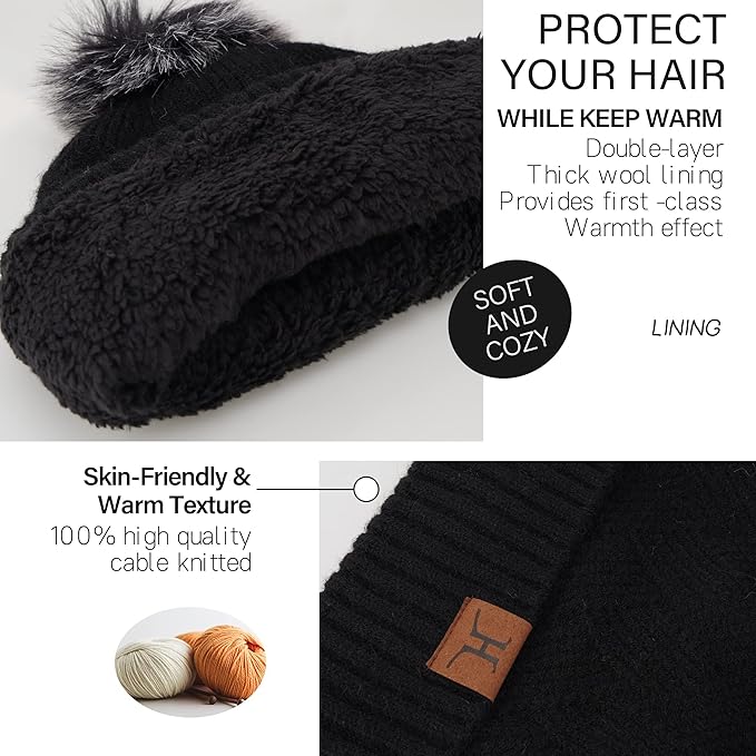 Womens Winter Warm Knit Beanie Hat Long Scarf Touchscreen Gloves Set with Fleece Lined Pom Skull Cap Gifts for Women