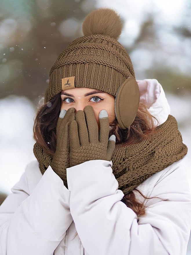 Winter Hat Scarf Gloves and Ear Warmer, Warm Knit Beanie Hat Touch Screen Gloves Set Winter Gifts Neck Scarves for Women