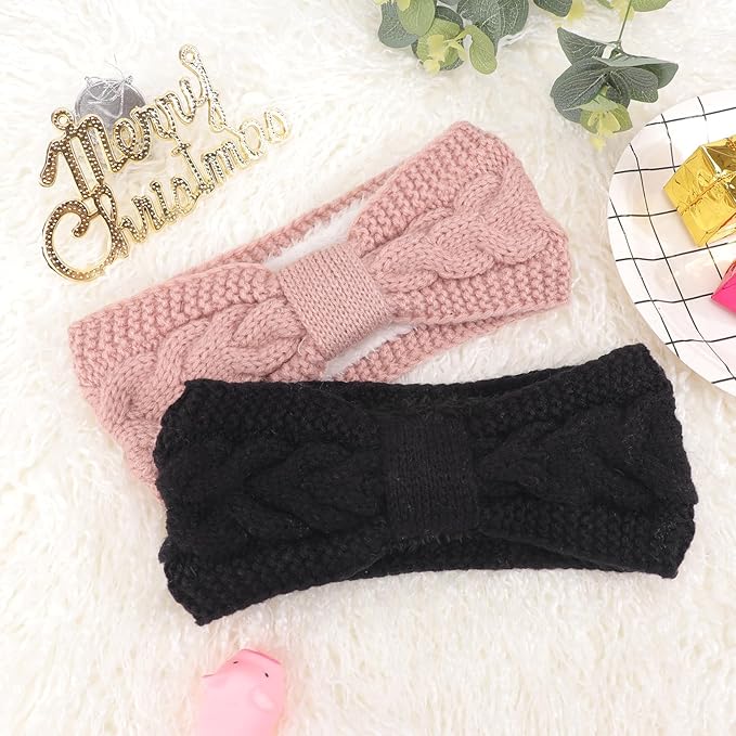 AQOKKA Knit Winter Headbands for Women Fuzzy Wool Fleece Lined Ear Warmers Elastic Turban Crocheted Head Wrap Winter Accessories for Women Cold Weather