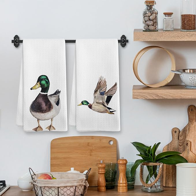 Funny Mallard Duck Kitchen Towels and Dishcloths Sets of 2, Mallard Duck Nursery Decor Gifts, Woodsy Rustic Farm Hunting Nursery Home Decor Dish Hand Tea Towels for Bathroom Kitchen,16x24Inch