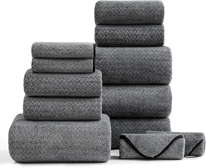 Ultra Soft Bath Towel Set,12 Piece (4 Bath Towels,4 Hand Towels,4 Washcloths) Family Bathroom Towel Set with Hanging Loops,Quick Dry Extra Absorbent Fluffy Shower Towel for Bathroom,Hotel,Spa-Black