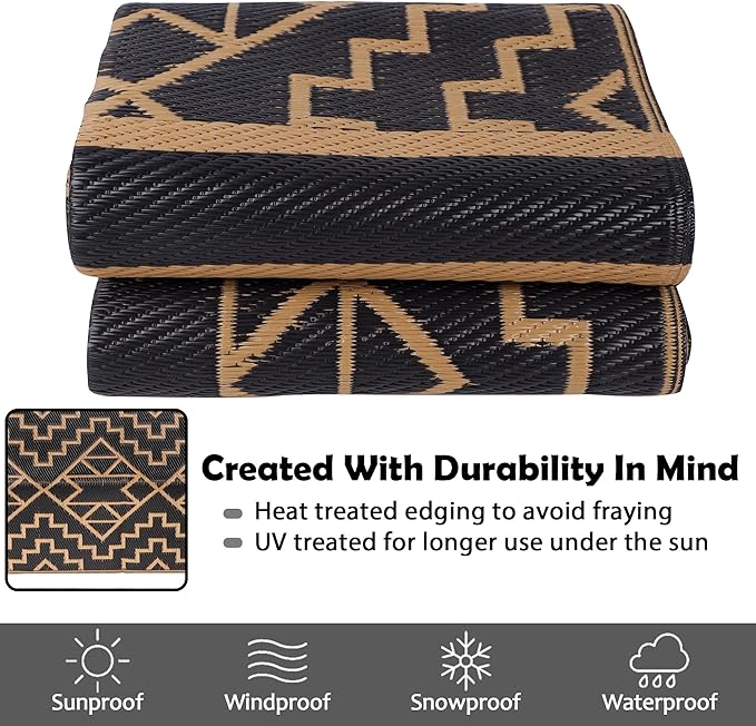 SAND MINE Reversible Mats, Plastic Straw Rug, Modern Area Rug, Large Floor Mat and Rug for Outdoors, RV, Patio, Backyard, Deck, Picnic, Beach, Trailer, Camping (5' x 8', Black & Brown)