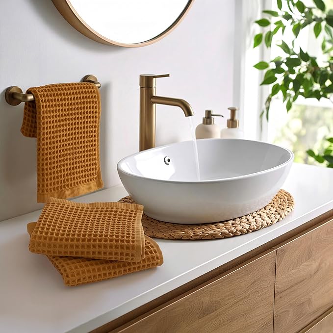 PÜSKÜL - Set of 3 Organic Waffle Hand Towel Mustard - Premium Quality, 100% Turkish Cotton, Soft, Quick-Dry, Absorbent, Lint-Free Face Kitchen Hand Towels (Mustard Yellow, Hand Towels - Pack of 3)