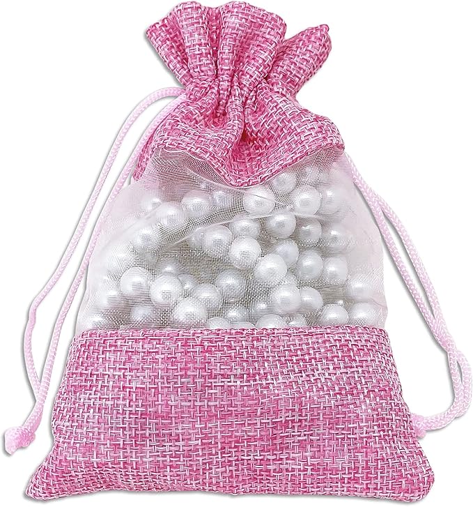 12-Pack Small Linen Burlap & Organza Gift Bags w. Drawstrings (3.5x5.5 in, Pink) - Party Favors, Presents, Samples & Treats Mesh Pouch by The Display Guys