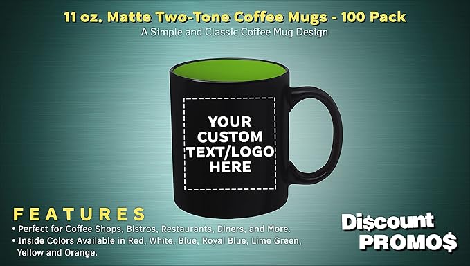 DISCOUNT PROMOS 100 Matte Two-Tone Coffee Mugs Set, 11 oz. - Customizable Text, Logo - Stoneware, Drinkware, Durable, C-handle - Lime Green