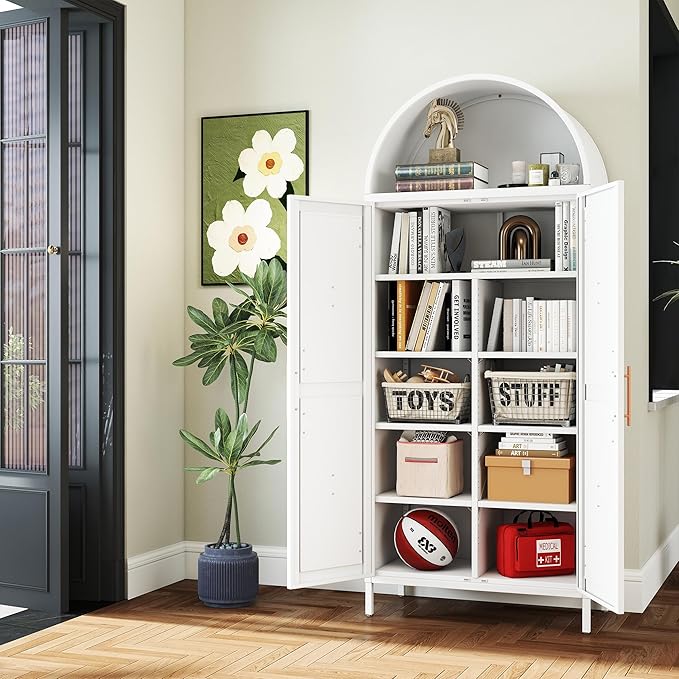 Metal Arched Pantry Cabinet with 6 Adjustable Shelves, Farmhouse Tall Arched Cabinet with 2 Doors for Kitchen，Living Room,White, Assemble Required,15.4" D x 30.7" W x 72.8" H