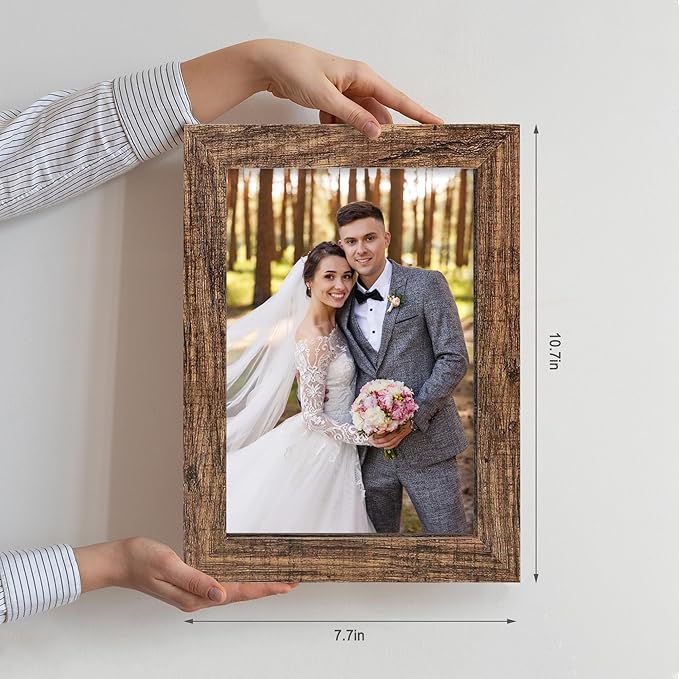 6x9 Picture Frame Set of 4, Made of Real Glass and Rustic Brown Wooden Frame - 6 by 9 Photo for Wall or Tabletop Display