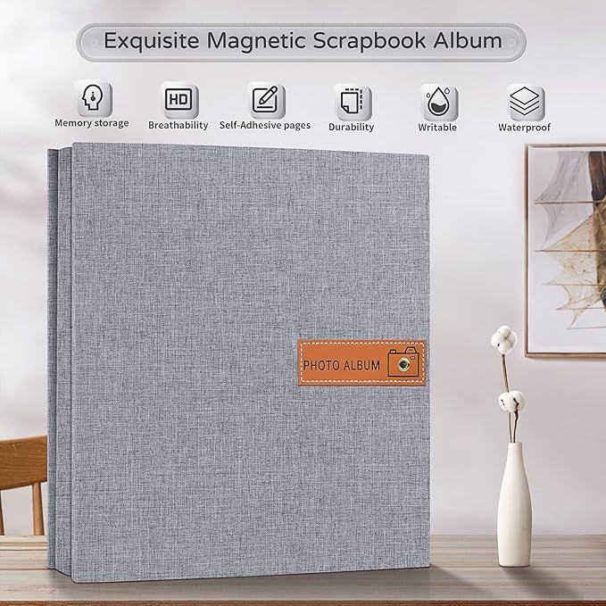 Popotop Large Photo Album Self Adhesive 4x6 5x7 8x10 Scrapbook Album DIY Picture Book,Gifts for Mom,Family Baby and Wedding,with Metal Pen and Plastic Board