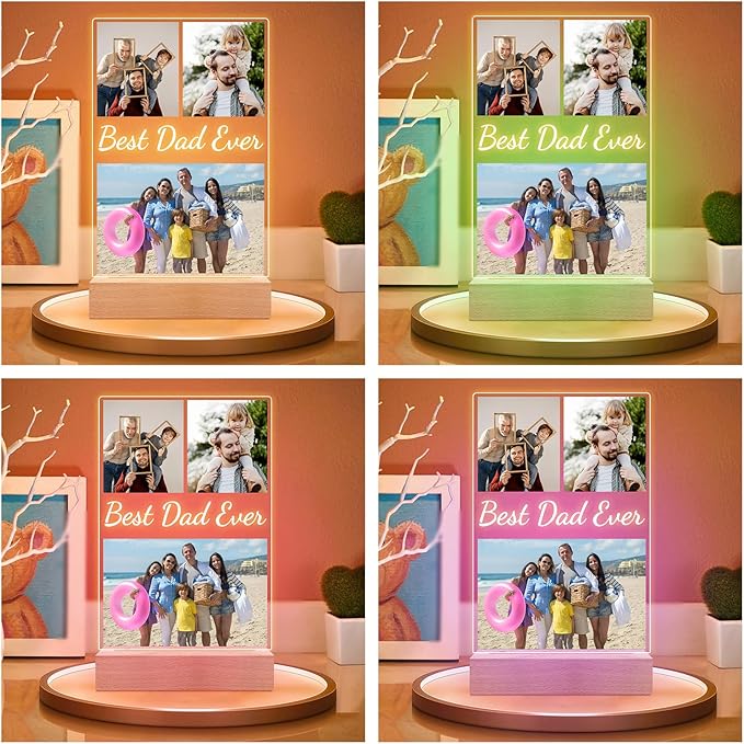 Personalized Birthday Gifts for Dad from Daughter & Son, Custom DAD Picture Frame with Photos, Personalized Photo Frame with Night Light, Customized Photo Frames