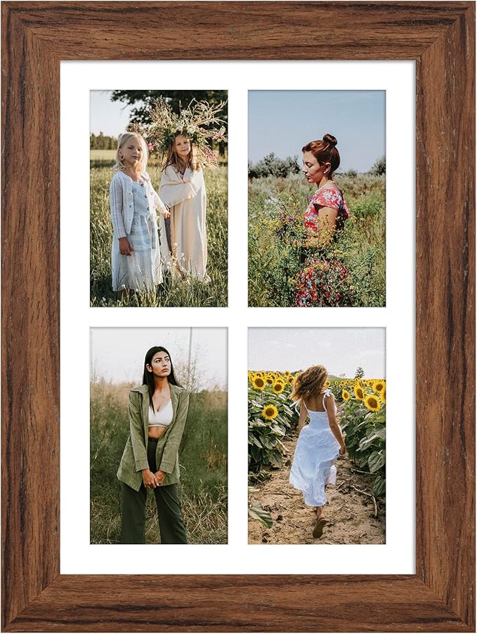 9x13 Picture Frame Display 4 opening 4X6 Picture Frame Collage,Multi Photo Frame with Mat,Plexiglass,Wall or Tabletop Decor,Carbonized Brown Wood Grain