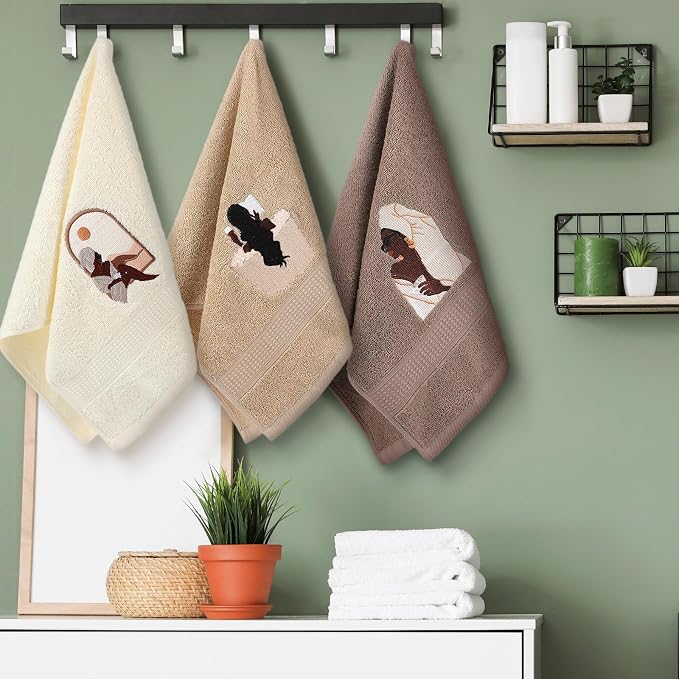 3 Pcs African American Woman Hand Towels for Bathroom | African Black Girl Bathroom Decor, Brown Decorative Farmhouse, 100% Cotton Embroidered Kitchen Towels, 13.3 x 29.5''