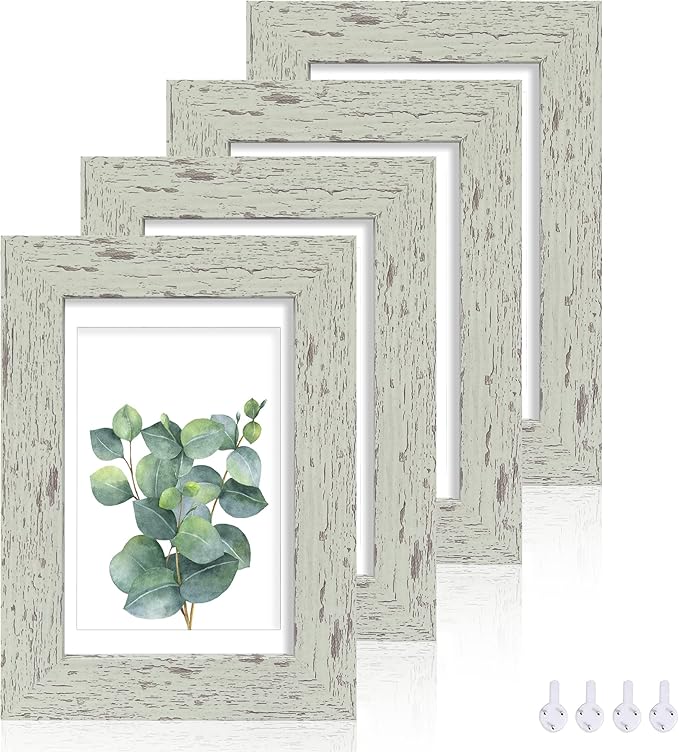 4x6 Picture Frame Set of 4, Made of Real Glass and Sage Green Wooden Frame, 4 by 6 Photo for Wall or Tabletop - Display Picture 3.5x5 with Mat or 4x6 Without Mat