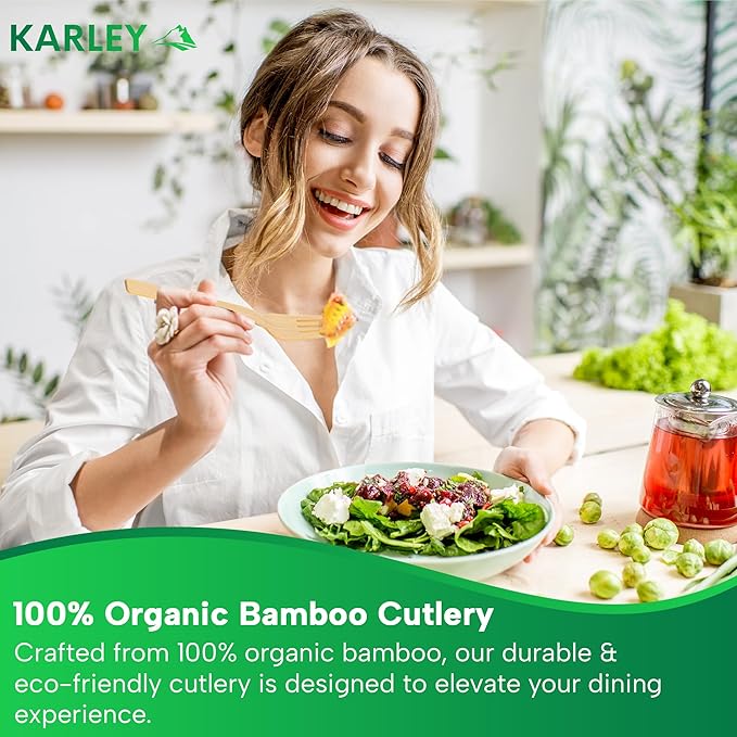 Karley Bamboo Utensils 150Pcs Set – Compostable Cutlery Set for Picnic, Parties – Heavy Duty Disposable Silverware Includes Wooden Spoons for Eating, Forks, Knives – Zero Plastic Disposable Cutlery