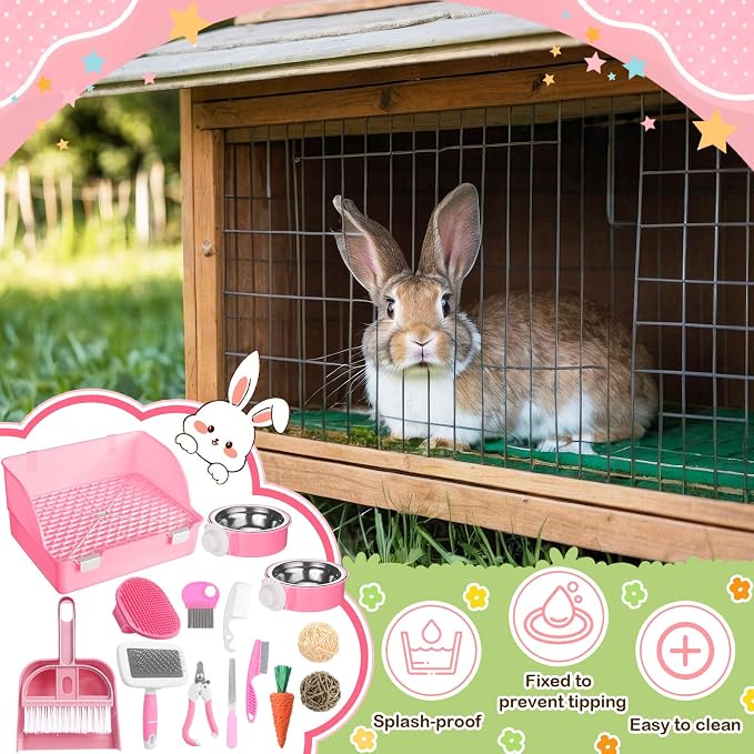 Reallnaive 15 Pcs Rabbit Starter Kit Small Rabbit Litter Box Girls Gift Animal Grooming Kit Bunny Toys Bowl Blankets with Cleaning Set for Guinea Pig Accessories(Light Pink)