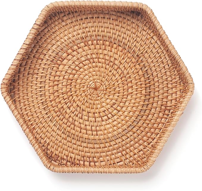 Hexagon Rattan Serving Tray for Coffee Table Woven Decorative Basket Trays for Ottoman Natural (8.7Inch x 1.8Inch)