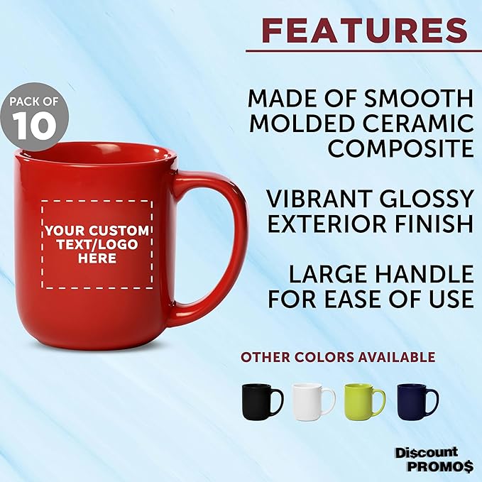 DISCOUNT PROMOS Custom Vibrant Color Glossy Ceramic Mugs 16 oz. Set of 10, Personalized Bulk Pack - Perfect for Tea, Espresso, Cappuccino, Hot Cocoa - Red