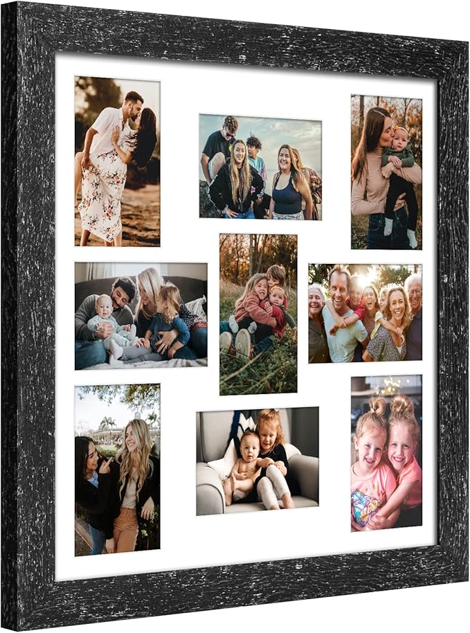 17x17 Picture Frame Display 9 opening 4X6 Picture Frame Collage,Multi Photo Frame with Mat,Plexiglass,Wall Mount Decor,Black Wood Grain