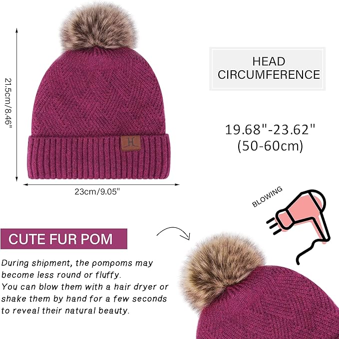 Womens Winter Warm Knit Beanie Hat Long Scarf Touchscreen Gloves Set with Fleece Lined Pom Skull Cap Gifts for Women