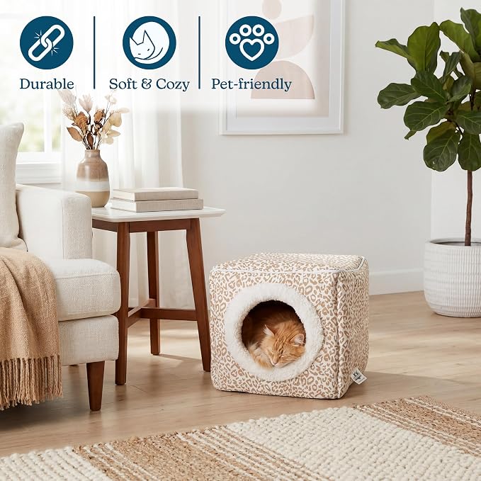 Cat House - Indoor Bed with Removable Foam Cushion - Cat Cave for Puppies, Rabbits, Guinea Pigs, and Other Small Animals by PETMAKER (Animal Print)