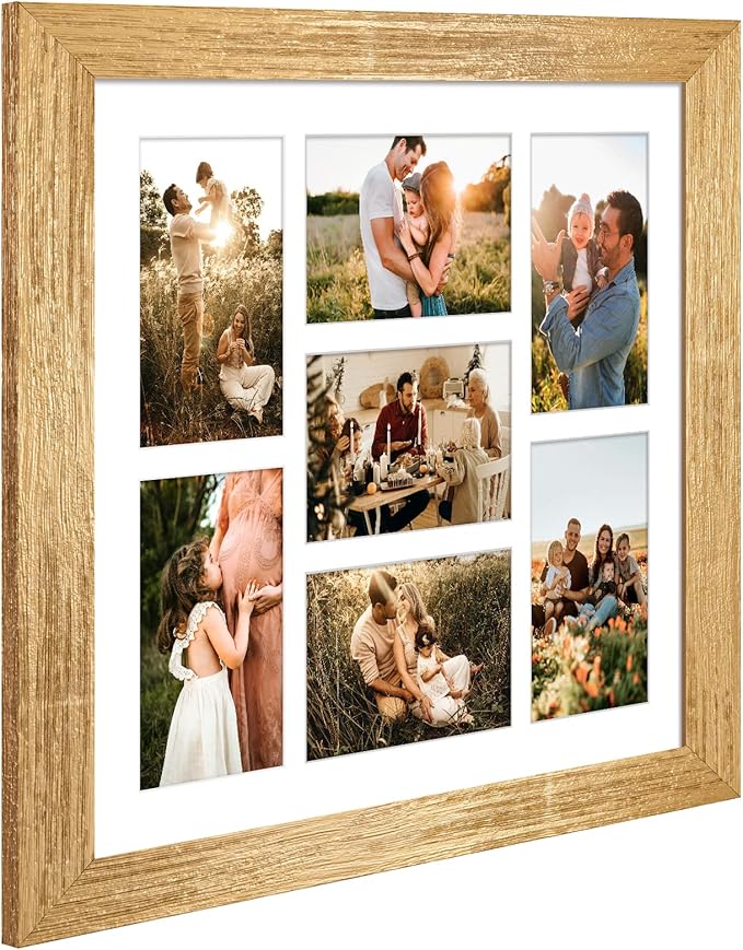 13.5x15.5 Picture Frame Display 7 opening 4X6 Picture Frame Collage,Multi Photo Frame with Mat,Plexiglass,Wall or Tabletop Decor,Gold