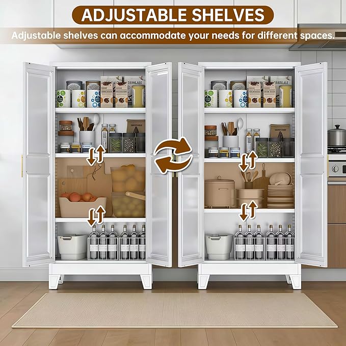 61.49''H Metal Pantry Storage Cabinet with 3 Adjustable Shelves,Farmhouse Kitchen Pantry Cabinet with 2 Doors for Home Kitchen,White, Assemble Required,13.7" D x 27.5" W x 61.4" H
