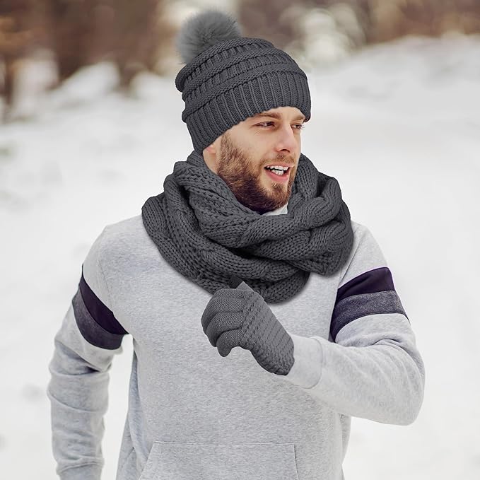 Aneco Womens Winter Warm Sets Knitted Fur Pompoms Beanie Hat Circle Loop Scarf Touch Screen Gloves Winter Favor Accessories