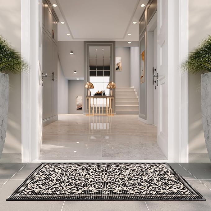 SAFAVIEH Washable Rug Outdoor Courtyard Collection - 2' x 3'7", Black & Sand, Non-Shedding & Easy Cleaning, Ideal for Patio, Front Door, Entryway, Doormat (CY2098-3908)