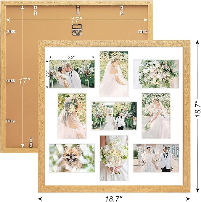 17x17 Collage frame with 9 Openings 4X6 Pictures, Multiple Picture Frame with Mat, Wall or Tabletop Decor, Natural Wood Grain,2 Pack