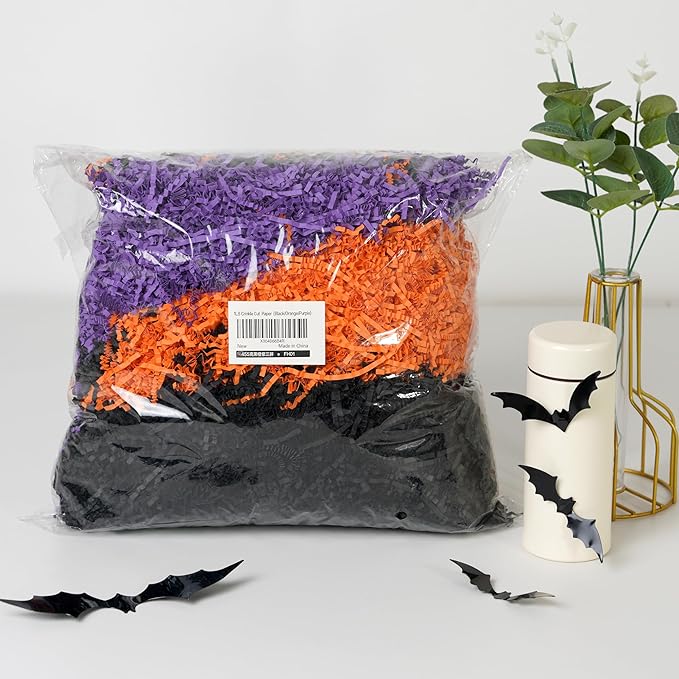 Bobobag - 1LB Halloween Crinkle Cut Paper Shred Filler Recyclable Gift Wrap confetti Raffia Grass Shred Paper for Gift Wrapping Basket Filling Box Filling Party Decor (Black/Orange/Purple)