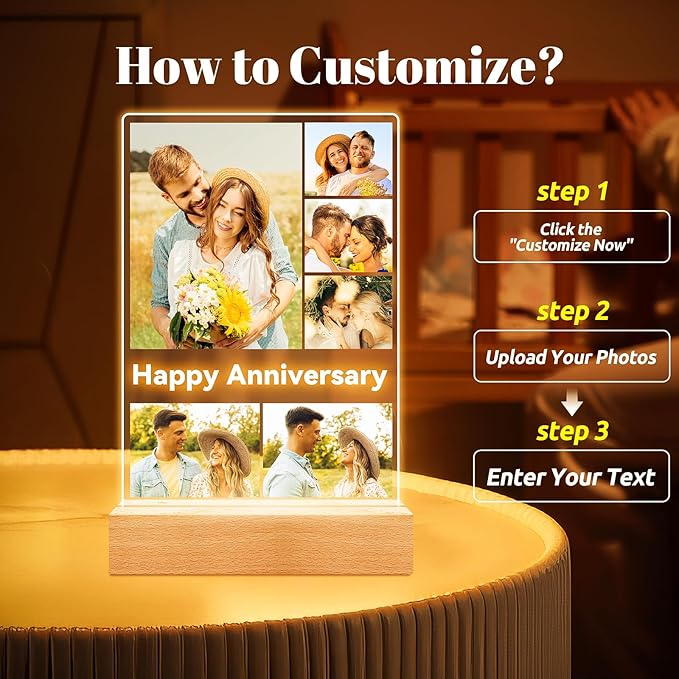 Custom Picture Frames with Photo, Personalized Photo Frame with Night Light, Customized Gifts for Couple, Personalized Christmas Anniversary Birthday Gifts for Women Men Boyfriend Girlfriend Her Him