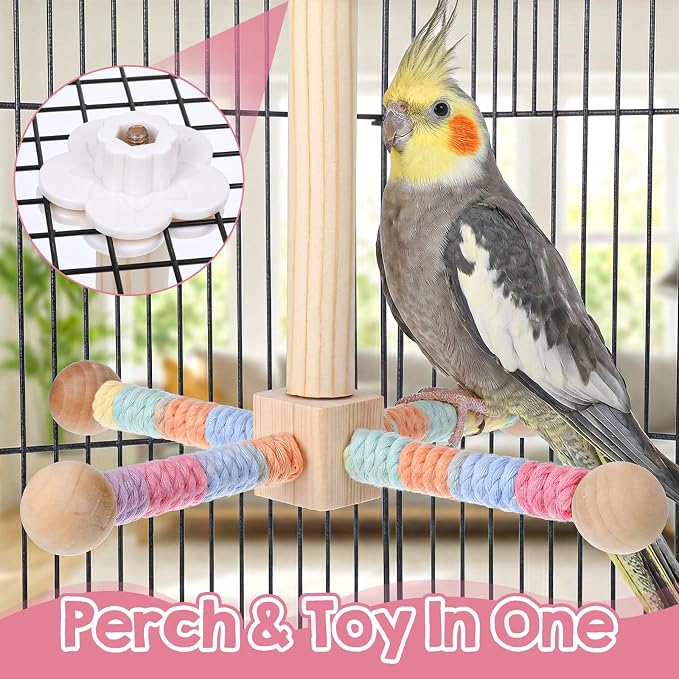 Bird Perch Stand with Chew Ball Toys Upgraded Parrot Perch Toy Rotating for Small & Medium Birds Wooden Stand Bird Cage Accessories for Parakeets Cockatiels Conures Finches Budgies