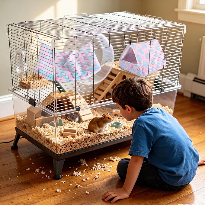 MCEAST 4 Pieces Small Pets Cage Accessories Hanging Hammock Sleeping Bag Tunnel and Bed Hideout Set Warm Sleep Nap Sack Bed for Hamster Ferret Squirrel Rabbit, Pink Hearts