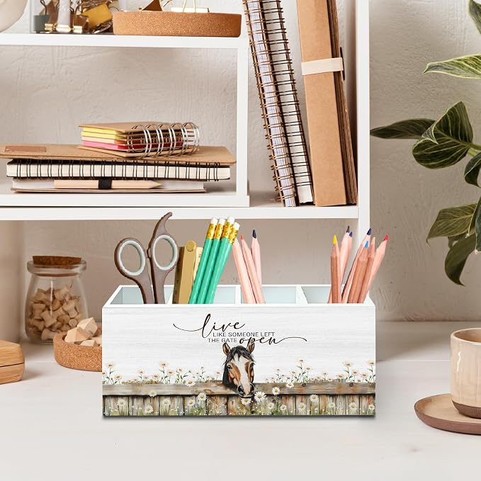 DILSJ Rustic Farmhouse Horse 4 Compartment Pen Pencil Holder for Desk | Horse Lover Gifts, Live Like Someone Left the Gate Open Wooden Box Signs Organizer for Home Office Desk Tabletop Decoration