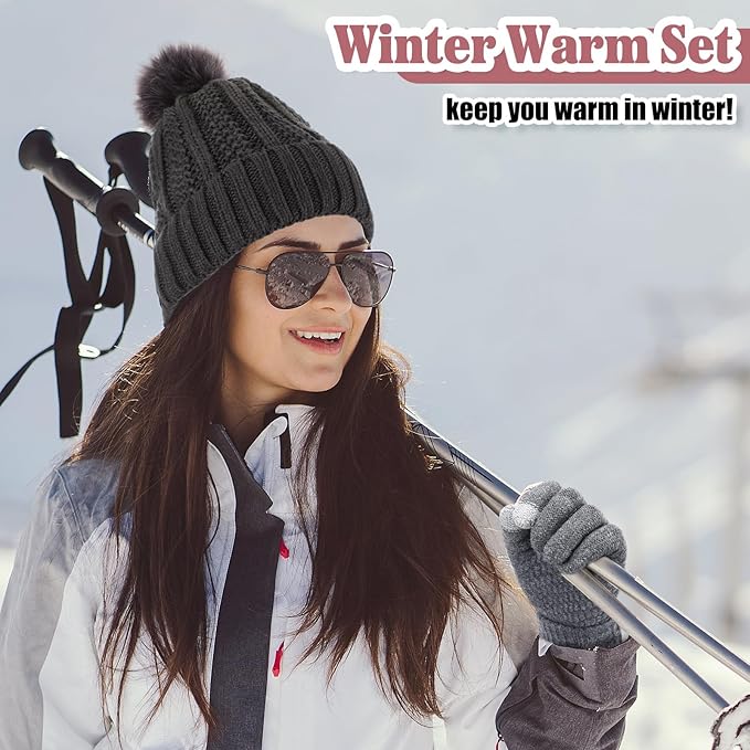 SATINIOR 5 Pcs Winter Satin Lined Hat Scarf Gloves Set Knit Pompom Beanie Warm Touchscreen Glove Earmuff Ear Warmer for Women
