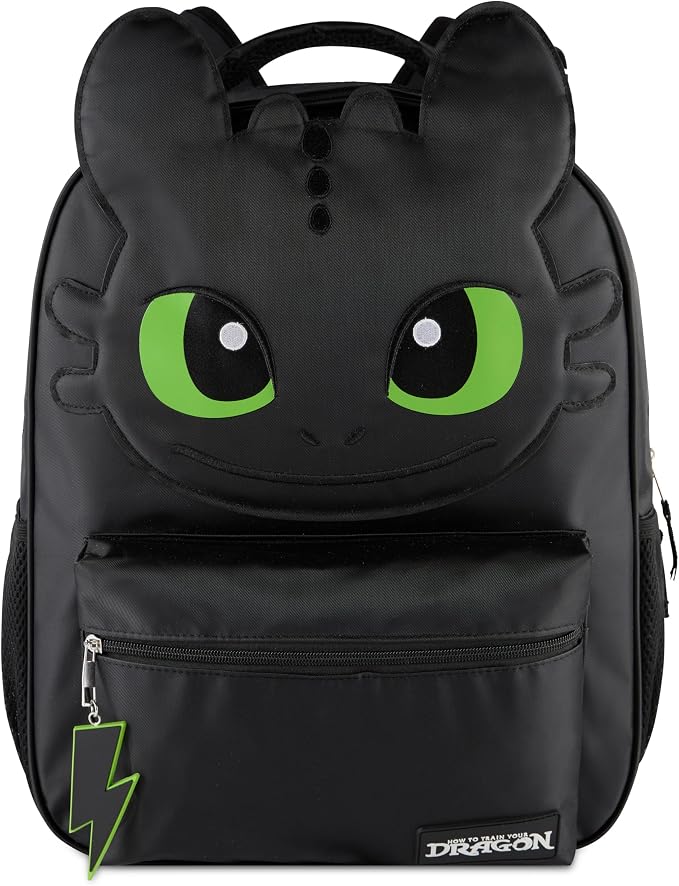 AI ACCESSORY INNOVATIONS How to Train Your Dragon Toothless Backpack, Black 16 Inch School Bag with 3D Face Applique, Green Eyes, Lightning Bolt Keychain, for Boys and Girls