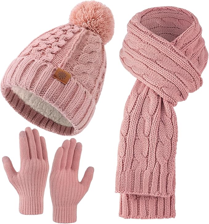 Tavaleu Womens Winter Beanie Hat Scarf Gloves Set, Pom Pom Beanie Warm Knit Scarf Touchscreen Gloves for Cold Weather