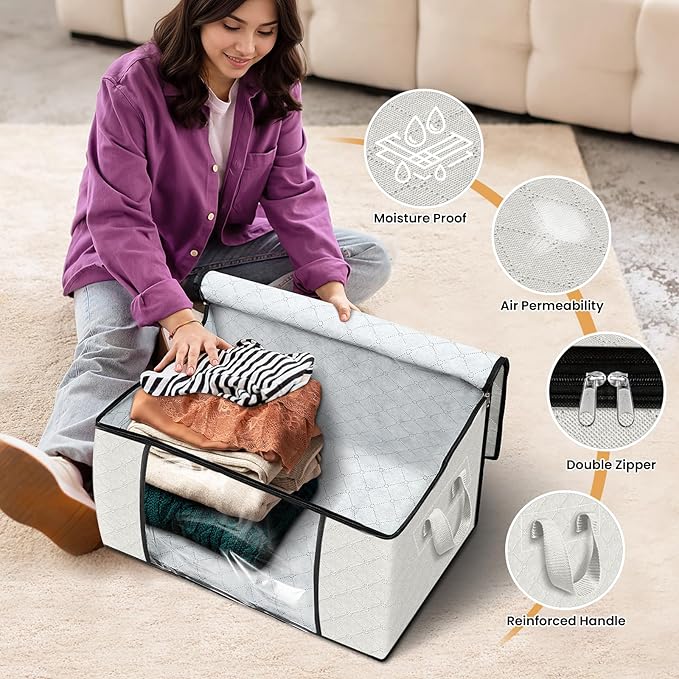 Fab totes 4 Pack Clothes Storage, Foldable Thick Fabric Blanket Storage Bags, Containers for Organizing Bedroom, Closet, Clothing, Comforter, Organization with Handle,Ivory White