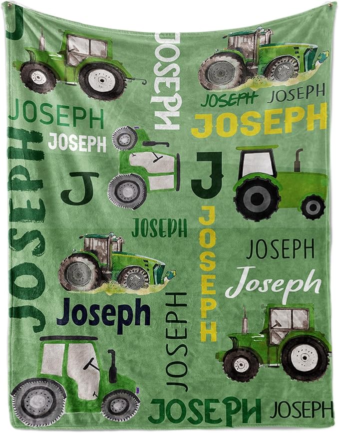 Personalized Tractors Blanket - Custom Name with Farm Tractor Trucks Design - Soft Plush Flannel Bed Blanket for Baby Kid Teen Boys Girls Customized Gifts Lime Green
