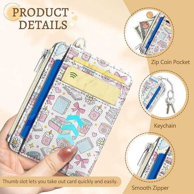 Kelvoris Credit Card Holder Small Wallet Women, Slim RFID, Book Coffee Bow | Keychain, Zipper Coin Pocket, Front Pocket Thin Travel Card Case, Minimalist, 6 Card Slots, 1 ID Window, Ladies Gifts Woman