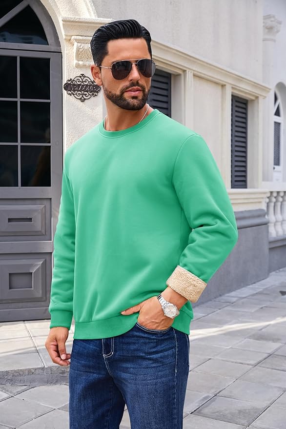 Boladeci Men's Full Sherpa Lined Crewneck Sweatshirts Heavy-weight Fleece Pullover Thick Thermal Long Sleeve Cotton