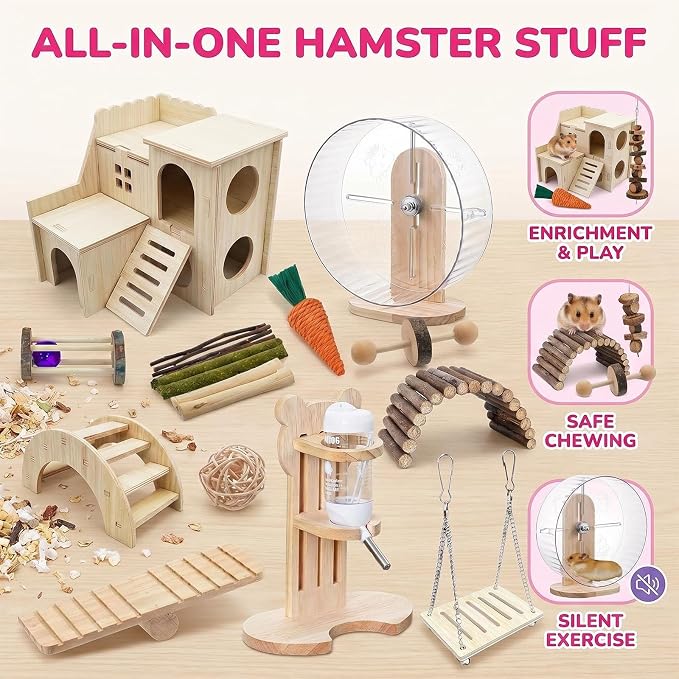 26 Pcs Hamster Cage Accessories, Silent Wheel & Wood House Set | Includes Maze House, Water Bottle, 13 Chew Toys, Seesaw Bridge; Natural Wood, for Guinea Pigs Chinchillas Gerbils Mice Rats