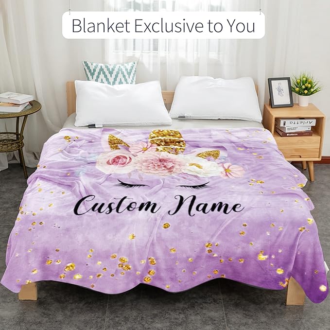 Personalized Horse Blanket with Name for Girl, Custom Name Blanket for Kids, Soft Flannel Purple Horse Toddler Blanket Customized Gift for Birthday Christmas Baby Shower Newborn Gift 60" X 80"