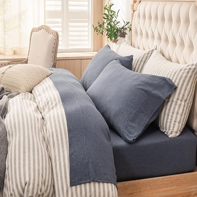 PURE ERA Jersey Knit 4pc Bed Sheet Set 100% T-Shirt Heather Cotton Super Soft Comfy Breathable Fits Mattress Up to 15" Extra Deep Pocket (Heather Navy Blue, Twin)