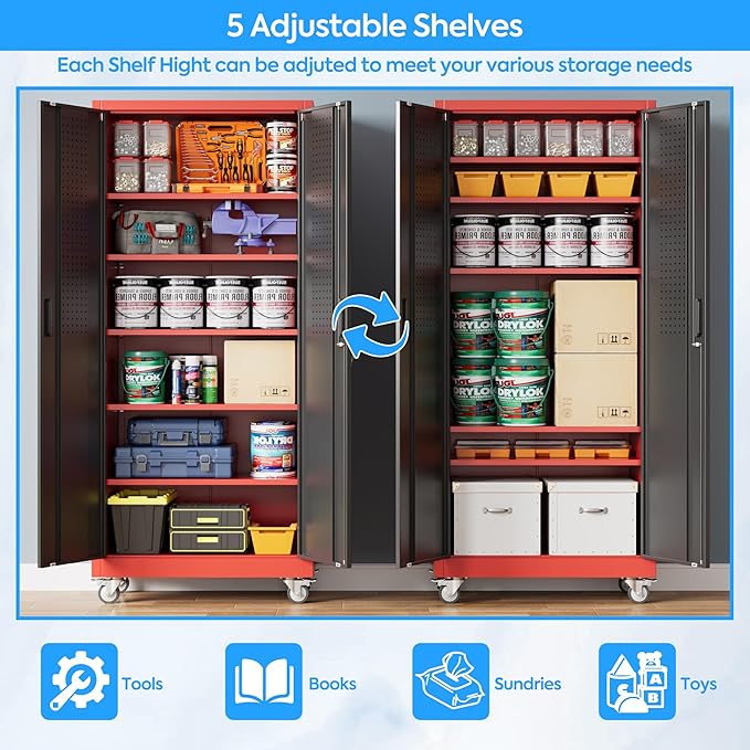 71" H Metal Garage Storage Cabinet with 5 Adjustable Shelves and Pegboard,Steel Storage Cabinet with Wheels for Garage Home Office Utility Room,Required Assembly, Red and Black